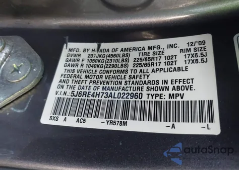 2010 Honda Cr-V Ex-L from USA, damaged, VIN 5J6RE4H73AL022960